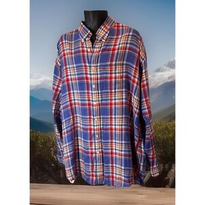 Overton Men's 2XL Linen Plaid Button-Up Shirt – Red & Blue